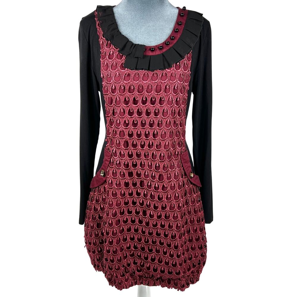 Milly of New York Black and Burgundy Textured Mini Dress